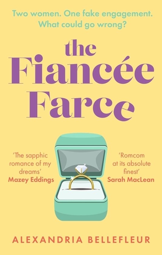 Boekcover 'The Fiancée Farce' met gele achtergrond, paarse titel en een opengewerkte ringendoos met ring.