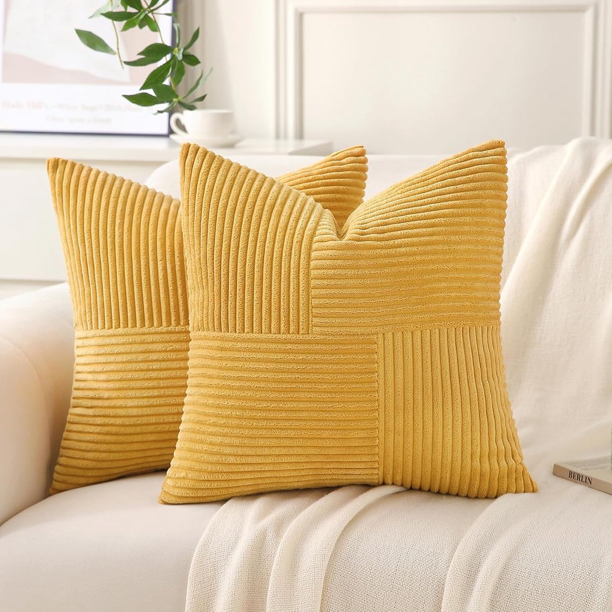 Famanu Corduroy ribfluweel kussenhoezen set van 2 (50x50 cm) – wollige boho sierkussenhoezen – kurkuma mosterdgeel – bank/bed kurkuma geel