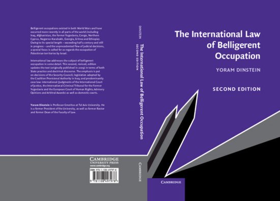 Boek 'The International Law of Belligerent Occupation' door Yoram Dinstein, tweede editie, paarse kaft met tekst.