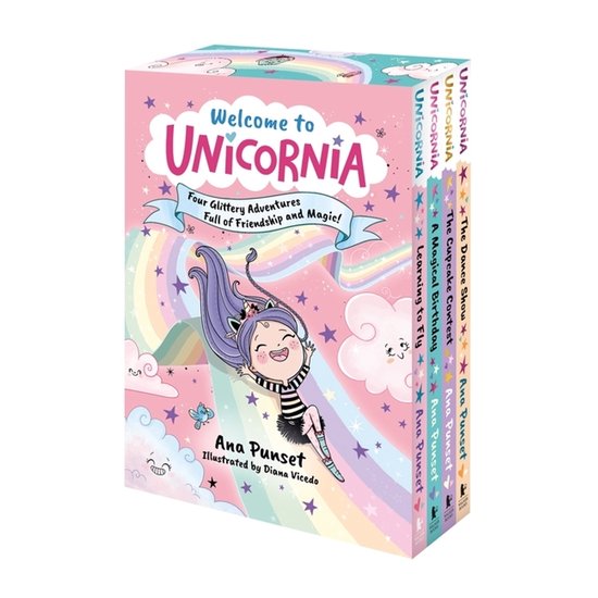 Een boekendoos met de titel 'Welcome to Unicornia'. De voorkant toont een meisje met paars haar, omringd door regenboogkleuren en sterren. Vier glitteravonturen vol vriendschap en magie.