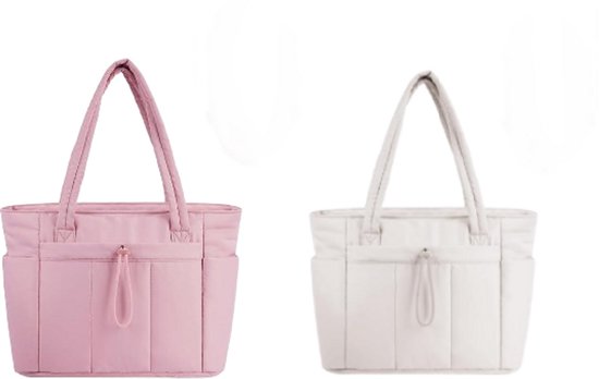 Twee dameshandtassen - ruime en gevoerde boodschappentassen met een inhoud van 20 liter, voorzien van een laptopvak en een vak voor een waterfles, perfect voor kantoor, school, reizen en winkelen.