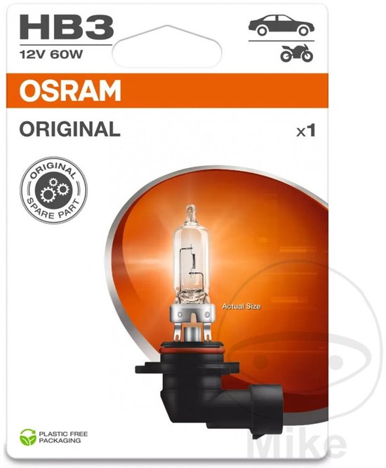 Osram HB3 12V 60W Original halogeenlamp in plasticvrije verpakking.