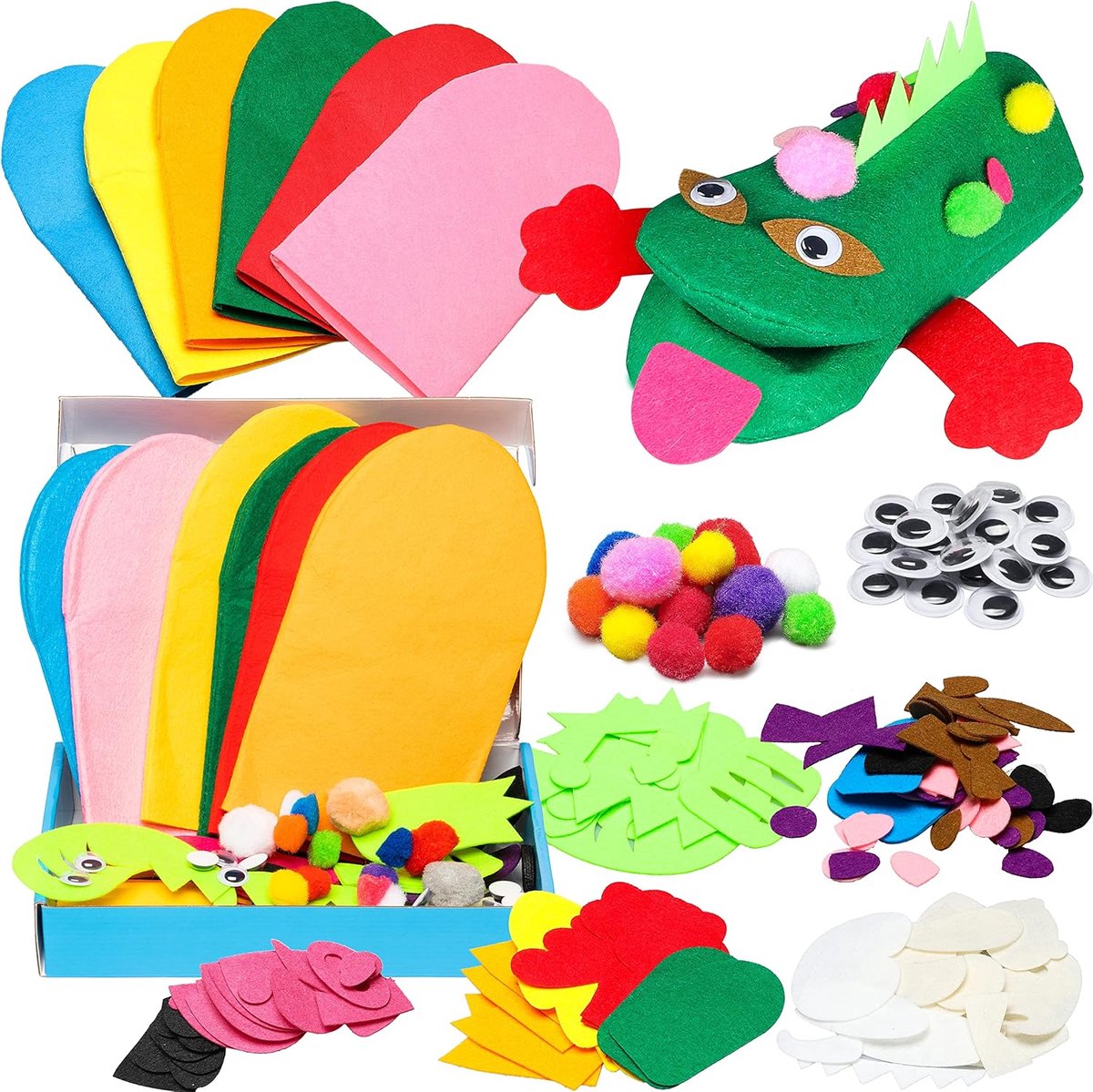Daity 6-delige poppenmaakset, artistieke vilten sokpoppen, creatieve doe-het-zelf pompons, wiebeloogjes, feestartikelen voor rollenspellen en verhalen vertellen, een cadeau voor jongens en meisjes (meerdere kleuren).