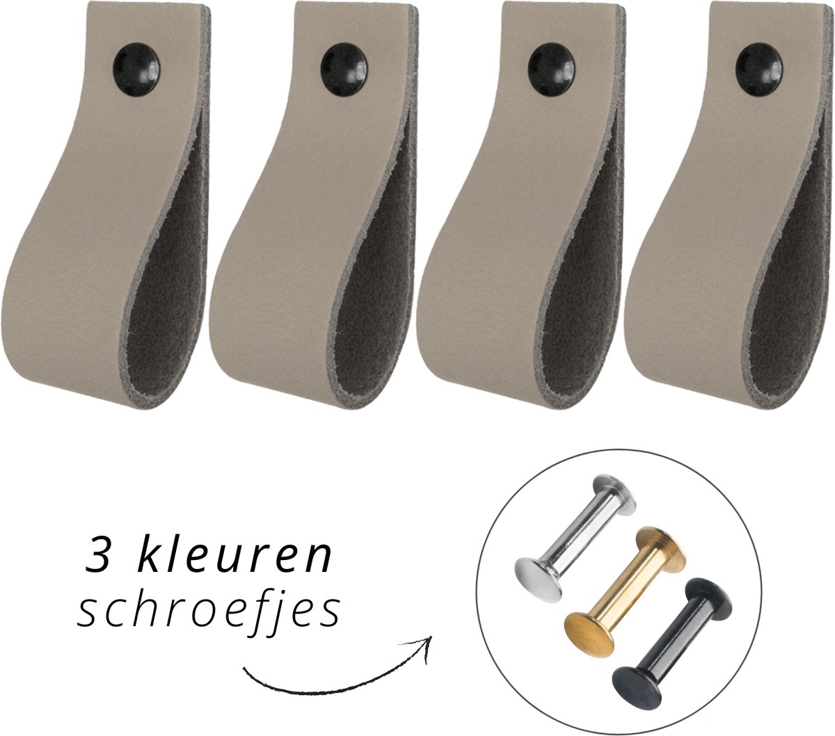 Handles and more - 4x Leren handgrepen - lusjes - Taupe - XS (12,6cm) - incl. 3 kleuren schroefjes (handgreepjes - leren greepjes - leren lusjes)