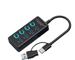 Kraftverdia USB C Hub – USB Splitter met Voeding – 4 Poorten – USB 3.0 – Docking Station – USB C naar USB A – 5 Gbps – Zwart