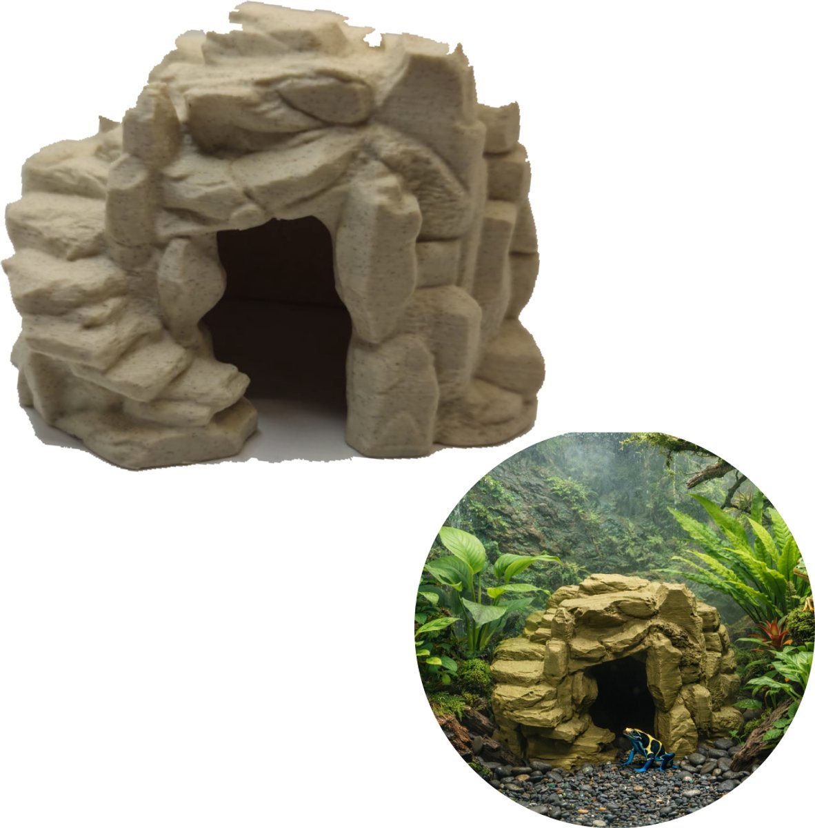 T3D Terrarium Decoratie Grot – Aquarium Decoratie grot met Grote Ingang en Trap – geschikt voor terrarium reptiel - Natuurlijke terrarium zand Look