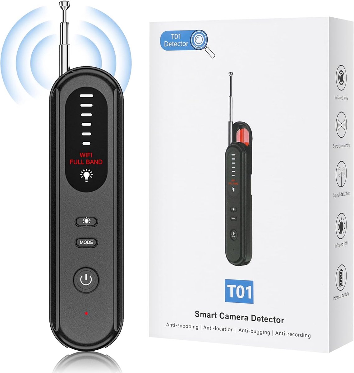 4-in-1 Verborgen Camera Detector met RF-Signaalscanner - Magnetische Detectie & Lenszoeker - 5 Gevoeligheidsniveaus - Oplaadbaar Privacybeschermingsapparaat voor Hotel Reizen Kantoor