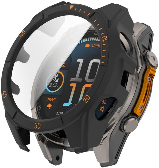 Screenprotector case - geschikt voor Garmin Tactix 8 AMOLED 51mm - full cover hoesje - gehard glas - 51 mm - volledige bescherming - zwart oranje