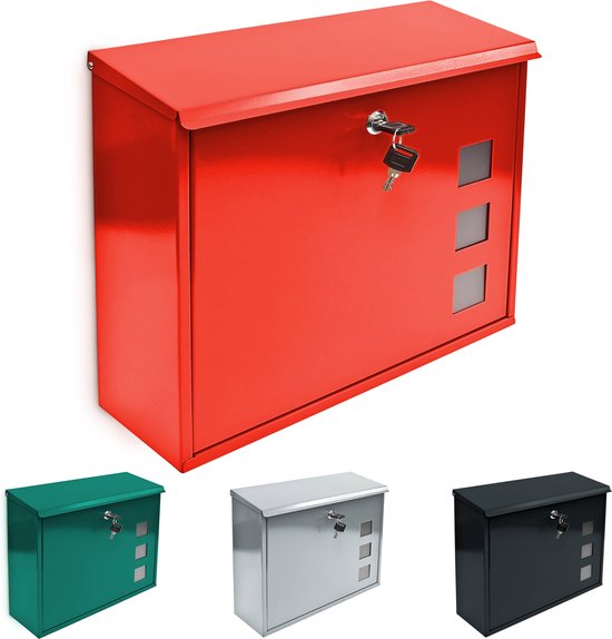 Boîte aux lettres rouge avec clé. Des variantes en vert, argent et noir sont présentées.