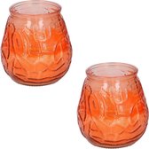 Set van 2x stuks Citronella lowboy tuin kaarsen in oranje glas 10 cm - Anti muggen/insecten artikelen