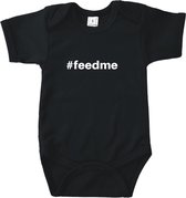 Baby  rompertje met tekst #feedme - Romper zwart korte mouw - Maat 50/56