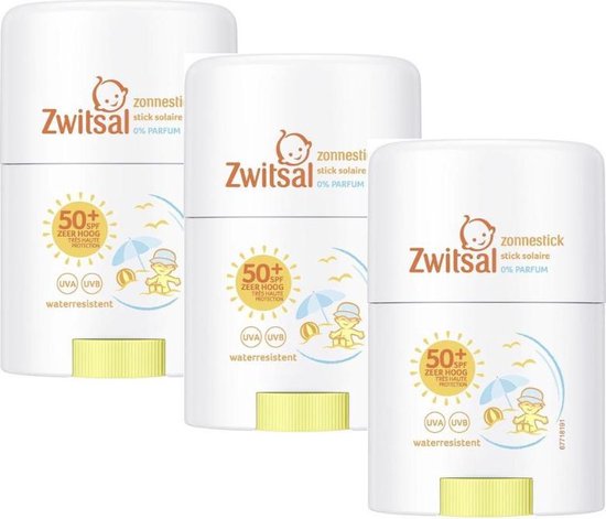 Zwitsal Zonnestick SPF 50 - Kids - Parfumvrij - 3 STUKS - gevoelige huid - dermatologisch getest - waterresistent - 0% Parfum