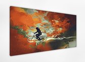 Silhouettes of man on bicycle in universe filed 100x70 cm, Kunst schilderij, Canvas 100% katoen uitgerekt op het frame van hoge kwaliteit, muurhanger geïnstalleerd, Wanddecoratie.