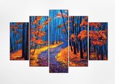 Mooie herfst bos 150x100 cm, Cascade van vijf verticale panelen, Kunst schilderij Afgedrukt op Canvas 100% katoen uitgerekt op het frame van hoge kwaliteit, muurhanger geïnstalleerd.
