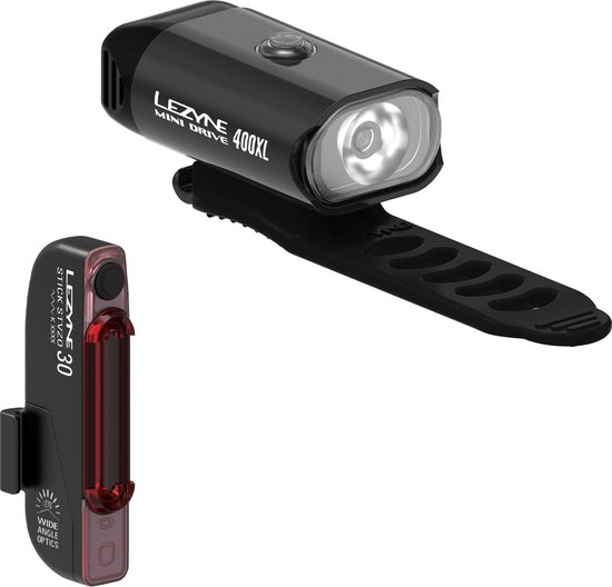 Lezyne Mini Drive 400XL / Stick Pair - Oplaadbare LED fietslampen - Voor 8 Standen & 400 lumen - Achter 7 Standen & 30 lumen - Accu tot 20-23 uur - Waterdicht - Zwart