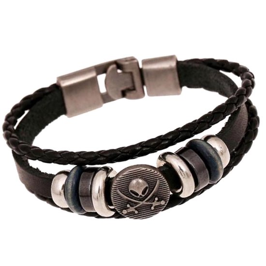 Fako Bijoux® - Leren Armband - Leder Exclusive - Pirate - 20cm - Zwart