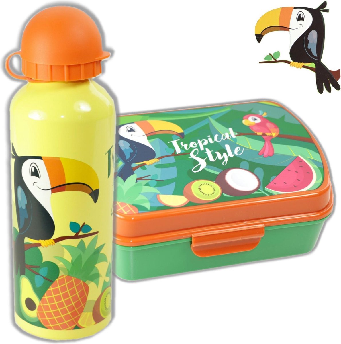 Broodtrommel + aluminium drinkfles Tucan tropisch oerwoud | Lunchbox papegaai kinderen jongens meisjes LS18