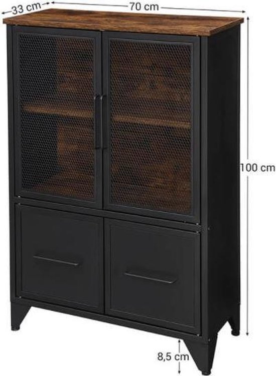MIRA Home - Opbergkast - Boekenkast met 4 metalen deuren - Industrieel - Spaanplaat - Bruin/Zwart - 70x33x100