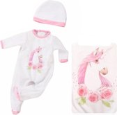 Poppenkleding - Wit boxpakje/pyjama met roze eenhoorn + mutsje - Onesie voor Baby born