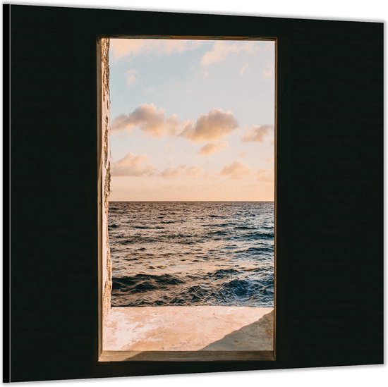 Dibond –Uitzicht op Zee door Raampje-100x100 Foto op Aluminium (met ophang)