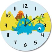 Kinderklok Dino/Dinosaurus met vulkaan blauw | STIL UURWERK | dieren wandklok van hout voor kinderkamer en babykamer | decoratie accessoires | jongens en meisjes slaapkamer