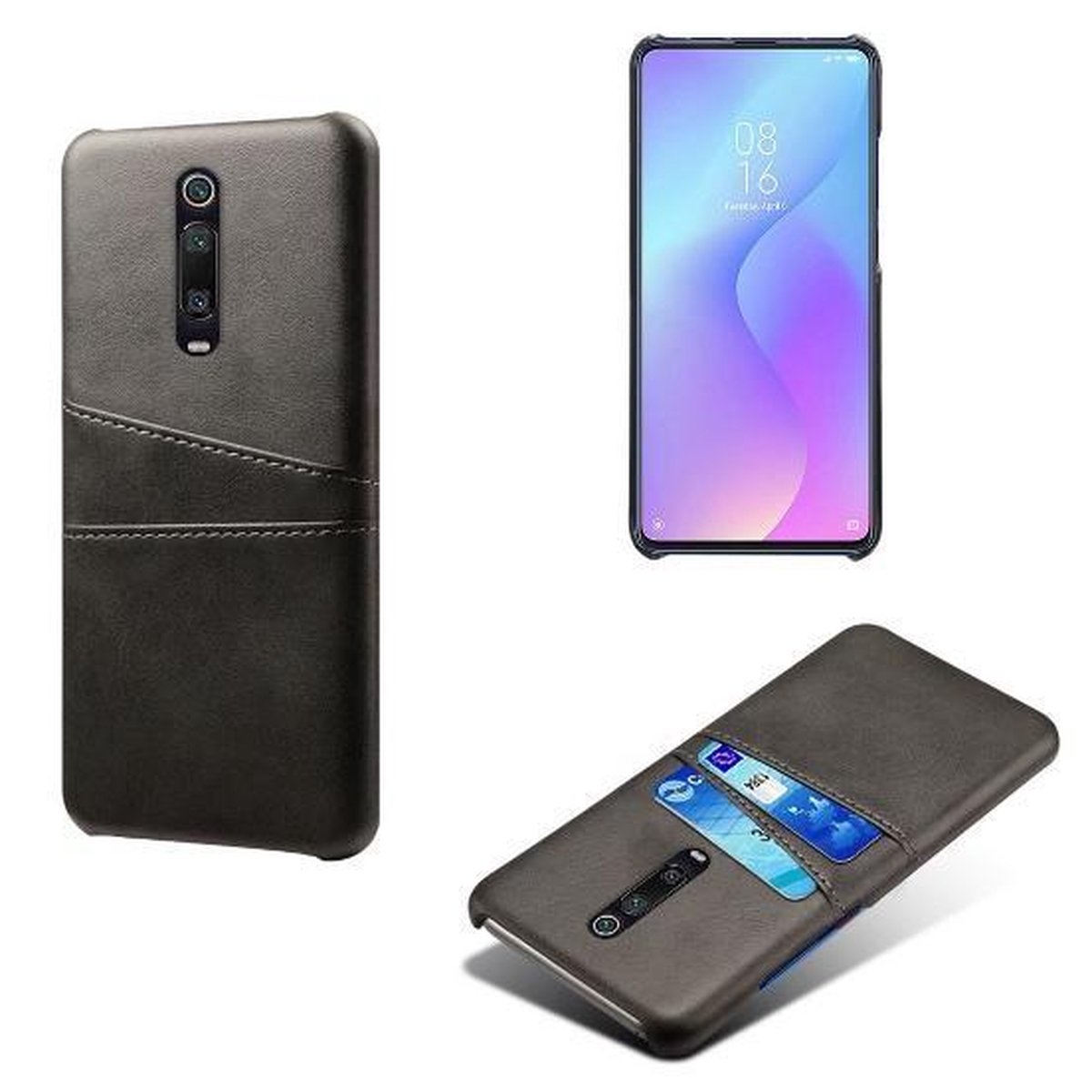Back Cover met Opbergvakjes + Gehard Glas Screenprotector voor Xiaomi Mi 9T / 9T Pro _ Zwart