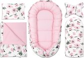 Babynestje - Babynest 5 elementen SET - Draagbare nest met dekentje - Dubbelzijdig - 60 x 105 cm - Bloemen koraal