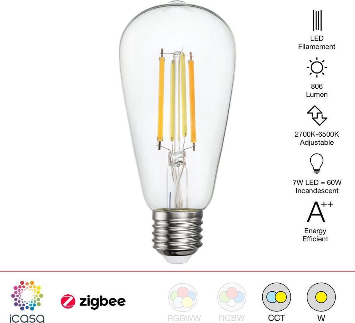 Zigbee Filament LED lamp | 64mm | Instelbaar 2700K tot 6500K | Vervangt 60W  gloeilamp... | bol.com