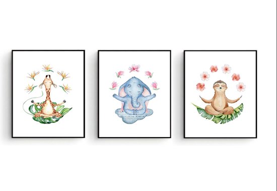 Postercity - Design Canvas Poster Set Yoga Giraffe, Luiaard & Olifant Namaste / Kinderkamer / Dieren Poster / Babykamer - Kinderposter / Babyshower Cadeau / Muurdecoratie / 50 x 40cm