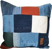 Toetie & Zo Handgemaakt Kussen - Sierkussen -  Jeans - Leer - Denim - Spijkerstof - Blauw - Multi - Woonaccessoire - 40x40