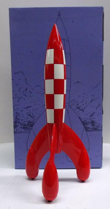 Rode en witte geruite raket, 30 cm hoog, met drie vinnen, voor een blauwe verpakking met raket-illustratie.
