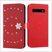 Voor Galaxy S10 Plus Pressed Printing Sticking Drill Pattern Horizontal Flip PU Leather Case met houder & kaartsleuven & portemonnee & & lanyard (rood)
