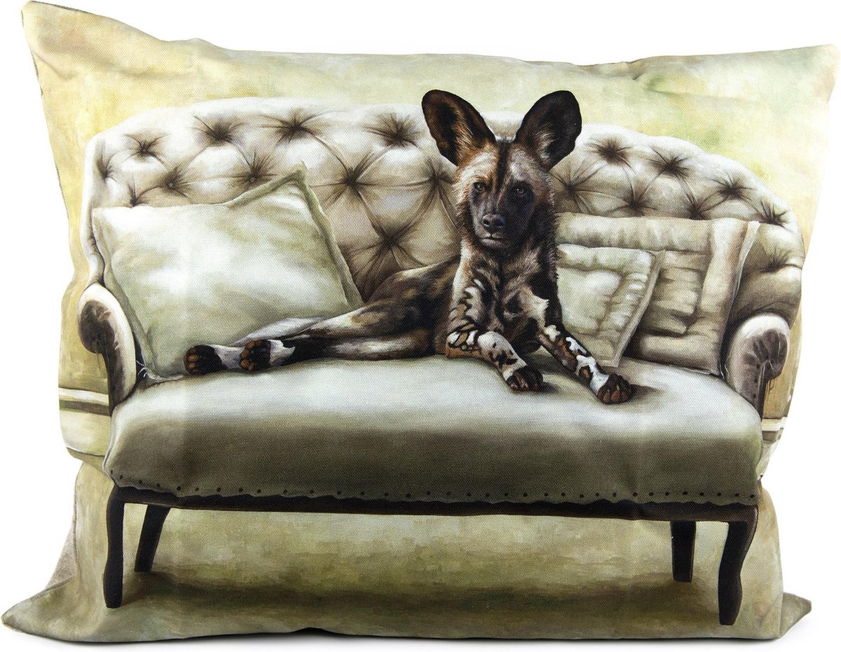 Wildlife at Leisure: Wilde hond Kussenhoes - WhimsicalCollection - Katoen/Linnen 50 x 60 cm kussenhoes met rits sluiting - Afrika - Kleed jouw huis of tuin prachtig aan met deze kussenhoes. Gemaakt in Zuid Afrika - Kussen niet inbegrepe