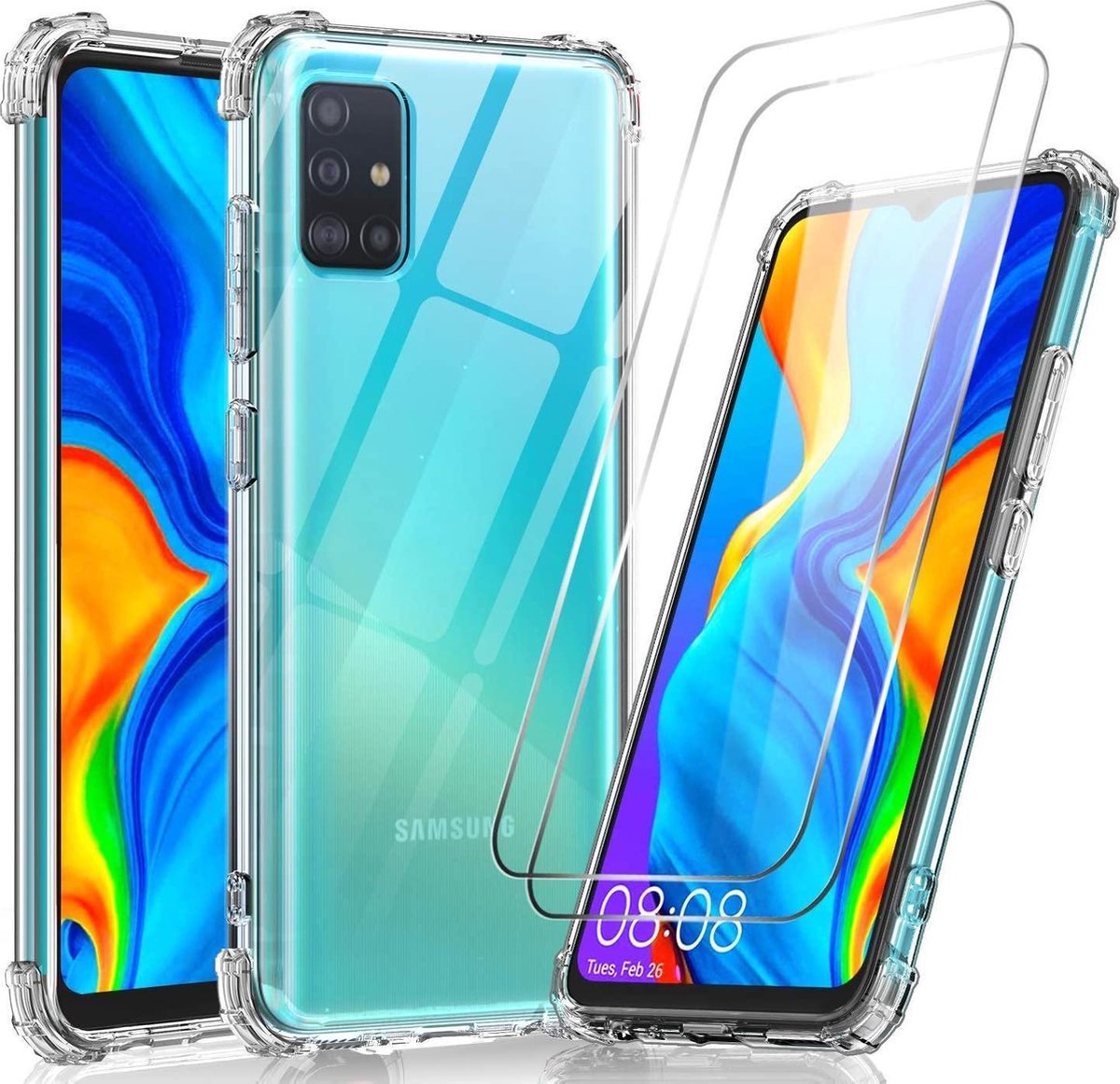 Samsung Galaxy A71 Anti-shock Silicone hoesje + 2X Tempered Glas Screenprotector