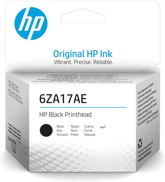 Emballage de tête d'impression noire HP 6ZA17AE avec logo HP, texte 'Original HP Ink' et logo recyclage.