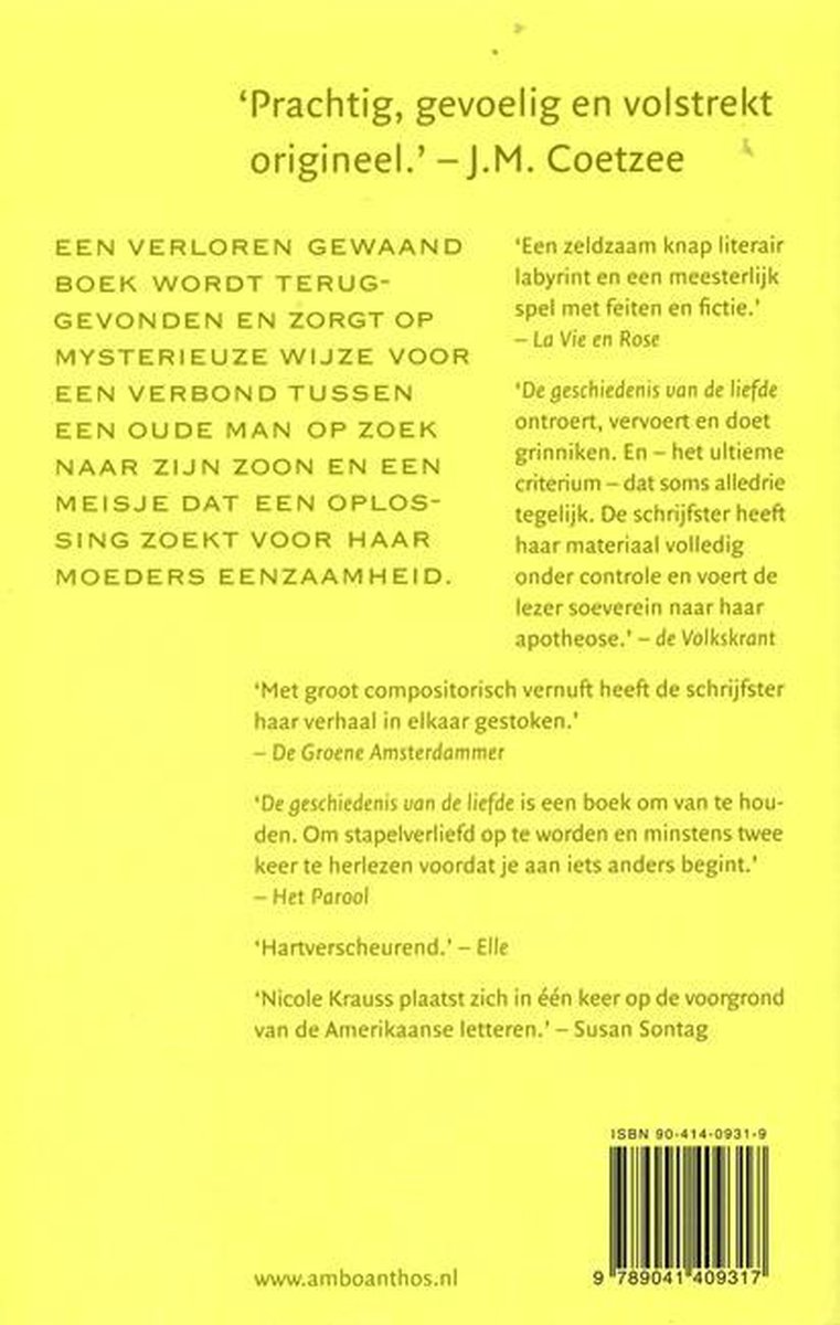 Achterkant van het boek 'De Geschiedenis Van De Liefde' met recensies.