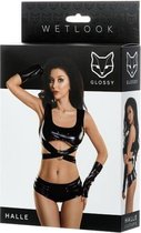 Glossy Wetlook Set (Top, Mini Shorts & Gloves) - Zwart - S