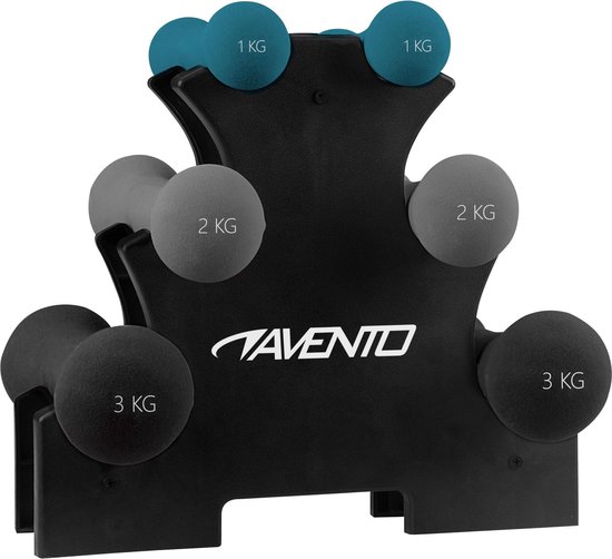 Zwarte Avento dumbbellrek met blauwe (1 kg), grijze (2 kg) en zwarte (3 kg) dumbbells.