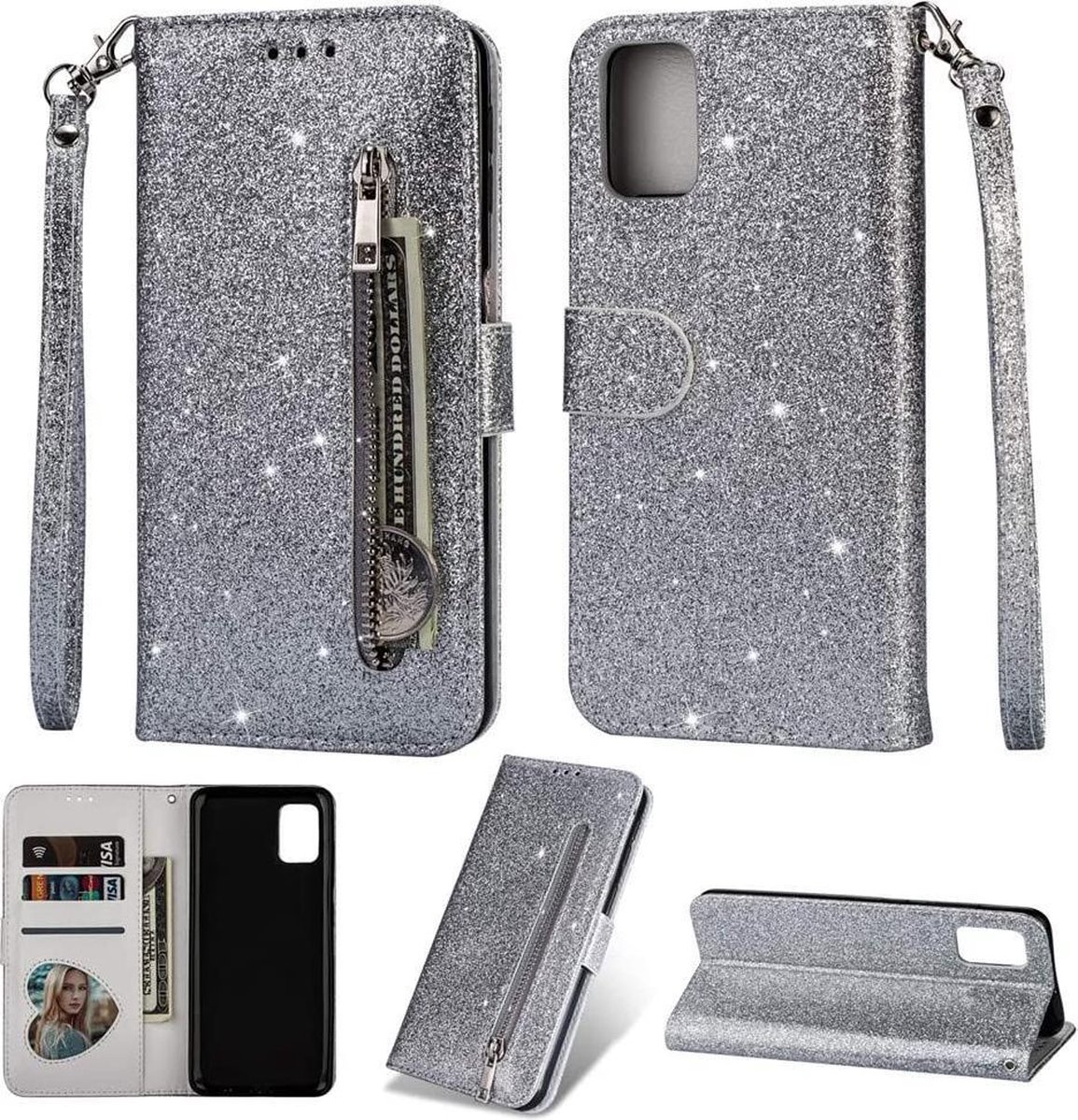 Samsung Galaxy A71 Glitter Bookcase hoesje Portemonnee met rits - Zilver