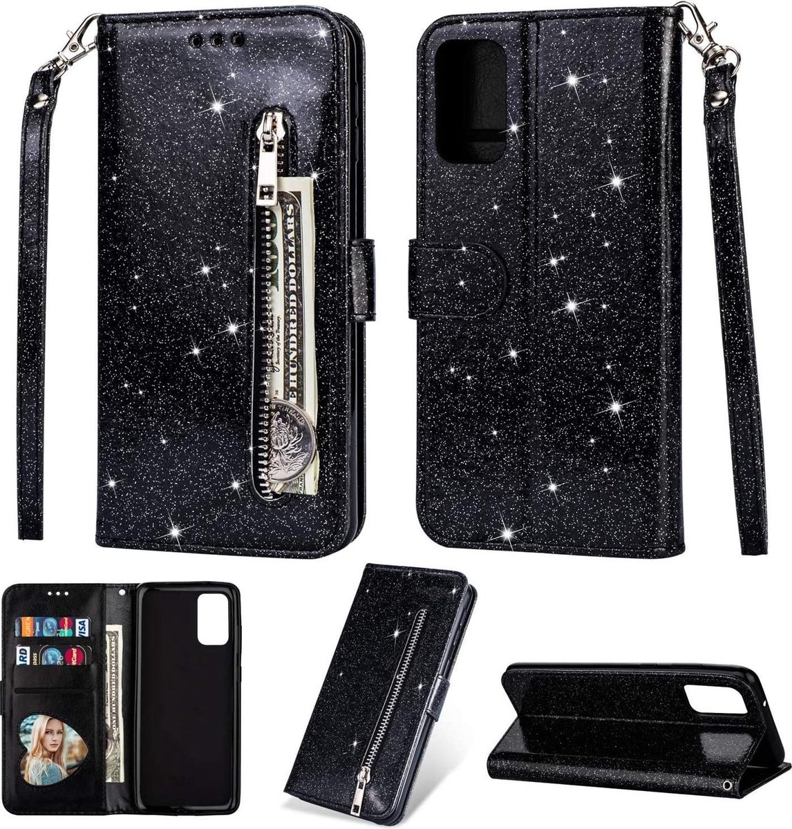 Samsung Galaxy S10 Lite 2020 Glitter Bookcase hoesje Portemonnee met rits - Zwart
