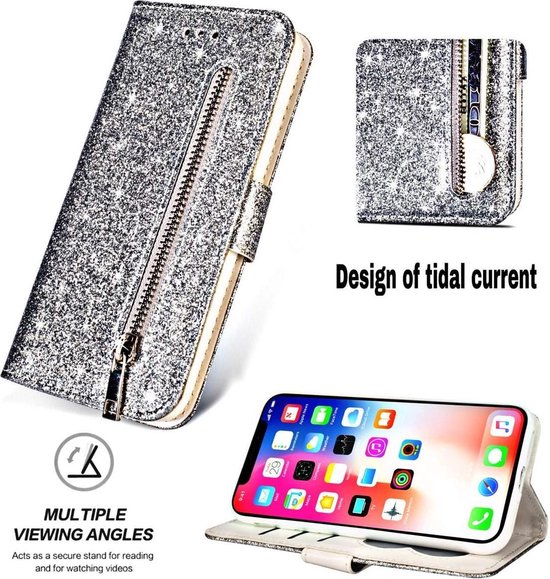 Portefeuille avec Bookcase hoesje à glissière pour iPhone X / XS Glitter - Argent
