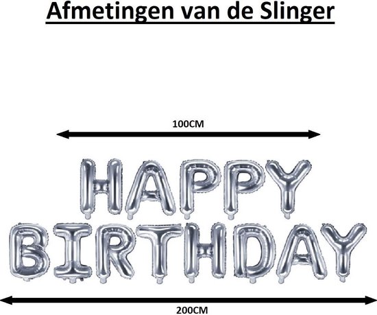 Zilverkleurige 'Happy Birthday' ballonslinger, 100cm breed met ballon-afmeting, en 200cm totaal.