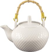 Theepot Wit Porselein. 1 L - Bamboe Handvat - Theekan - Thee