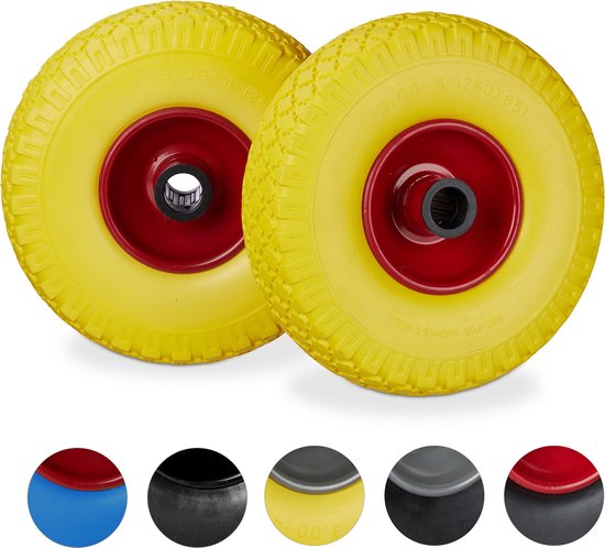 roue de diable relaxdays - jeu de 2 pièces - jante acier - anti-fuite - axe 25 mm - 100 kg jaune-rouge
