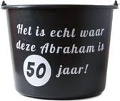 Cadeau emmer – 12 liter – zwart – met tekst: Het is echt waar deze Abraham is 50 jaar