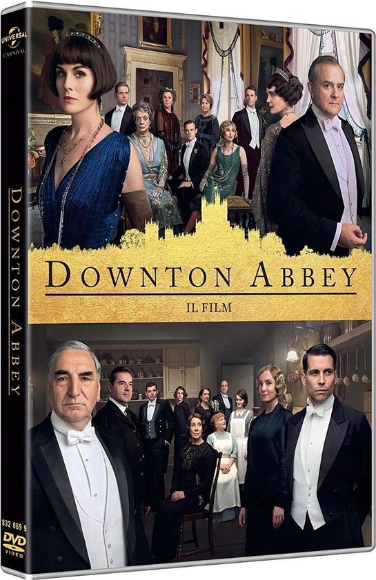 Dvd-hoes van Downton Abbey met een cast van personages in avondkleding, en de titel "Downton Abbey Il Film" in goud.