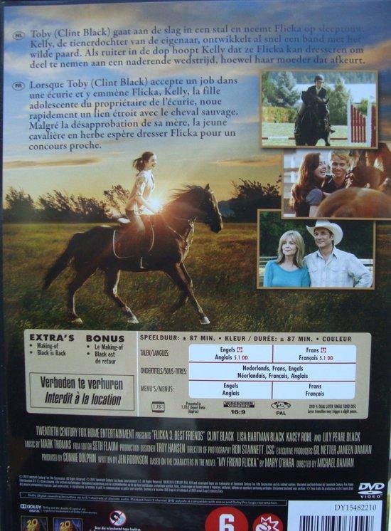 Achterkant van de Flicka 3 DVD, met ondertitels en afbeeldingen van paarden en mensen.