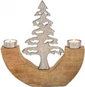 Kerst - Kerstdecoratie - Kerstdagen - Mangohouten waxinelichthouder met zilvermetalen dennenboom, kleine variant