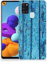 Backcase Siliconen Hoesje Geschikt voor Samsung Galaxy A21s Telefoonhoesje Wood Blue