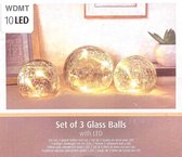 Set van 3 glazen licht bollen met LED | ø8cm - ø10cm - ø8cm | Gebroken glas - Transparant